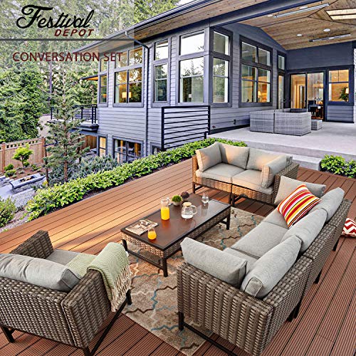 Festival Depot Patio 7 Pieces Outdoor Furniture Conversation Sets Sectional Corner Sofa, All-Weather Brown Manual Weaving Wicker Chairs with Side Coffee Table, Soft Back Seating Couch Cushions (Grey)