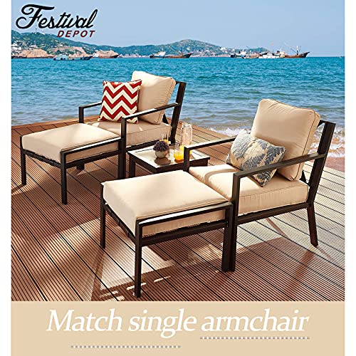 Festival Depot Outdoor Ottoman Patio Footstool with Cushion Small Seat Metal Furniture for Garden Yard Deck, Beige