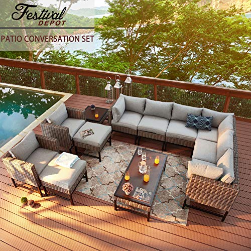 Festival Depot 12 Pieces Patio Conversation Set Outdoor Furniture Combination Sectional Sofa All-Weather Wicker Metal Chairs with Seating Back Cushions Side Coffee Table Ottoman, Gray
