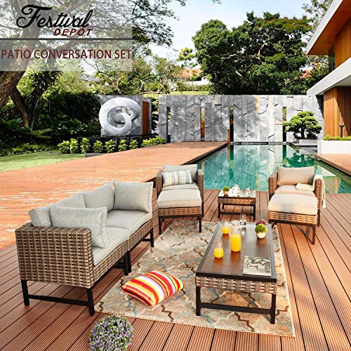 Festival Depot 8 Pieces Outdoor Furniture Patio Conversation Set Combination Sectional Sofa Loveseat All-Weather Woven Wicker Metal Chairs with Seating Back Cushions Side Coffee Table Ottoman, Gray