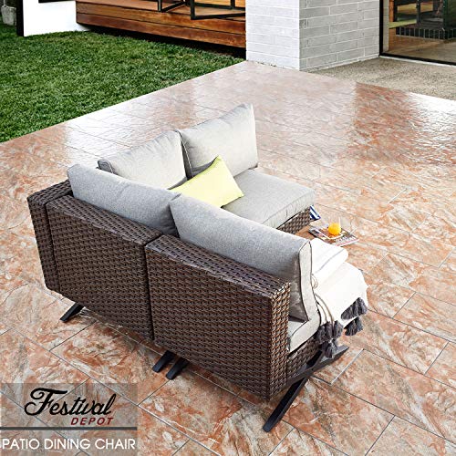 Festival Depot Wicker Patio Chair with Right Armrest Rattan Dining Chair with Thick Cushions and X Shaped Steel Legs Outdoor Furniture for Garden Yard Poolside All-Weather