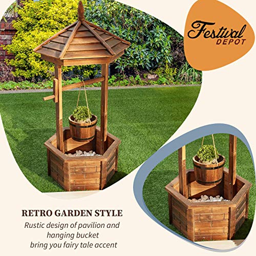 Festival Depot Outdoor Wishing Well with Hanging Bucket Rustic Wooden Planter for Garden Home Decor Burnt Finish Flower Stand for Patio Deck Lawn