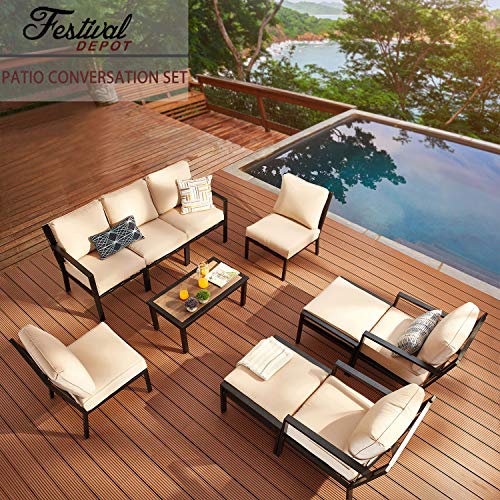 Festival Depot 10-Pieces Patio Outdoor Furniture Conversation Sets Loveseat Sectional Sofa, All-Weather Black X Slatted Back Chair with Coffee Table and Removable Couch Cushions (Beige)
