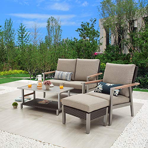 Festival Depot 4pcs Patio Conversation Set All Weather Wicker Chair Rattan Ottoman Loveseat with Grey Thick Cushions and Coffee Table in Metal Frame Outdoor Furniture for Deck Poolside