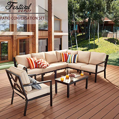 Festival Depot 8-Pieces Patio Outdoor Furniture Conversation Sets Loveseat Sectional Sofa, All-Weather Black X Slatted Back Chairs with Coffee Table and Thick Soft Removable Couch Cushions (Beige)