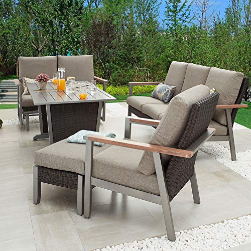 Festival Depot 5pcs Patio Conversation Set Metal Armchair Wicker Glider Loveseat All Weather Rattan 3-Seater Sofa with Grey Thick Cushions and Dining Table Outdoor Furniture for Deck Garden