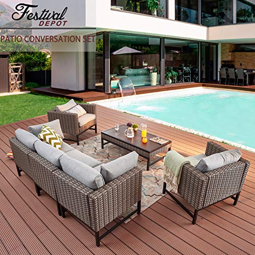 Festival Depot 6 Pieces Outdoor Conversation Set Sectional Wicker Chair with Thick Cushions and Rattan Coffee Table for Deck Lawn Backyard (Gray)