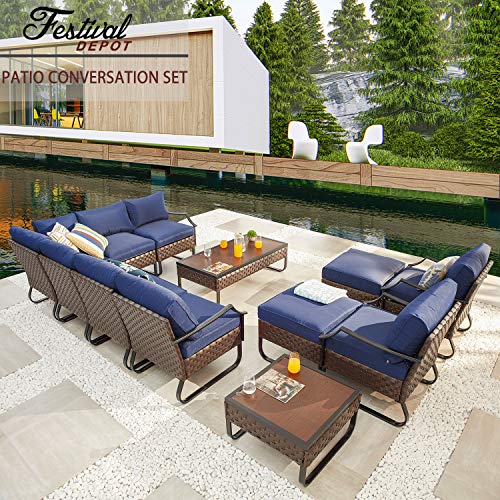 Festival Depot 12 Pcs Patio Conversation Sets Outdoor Furniture Sectional Corner Sofa with All-Weather PE Rattan Wicker Chair, Coffee Table and Thick Soft Removable Couch Cushions (Blue)