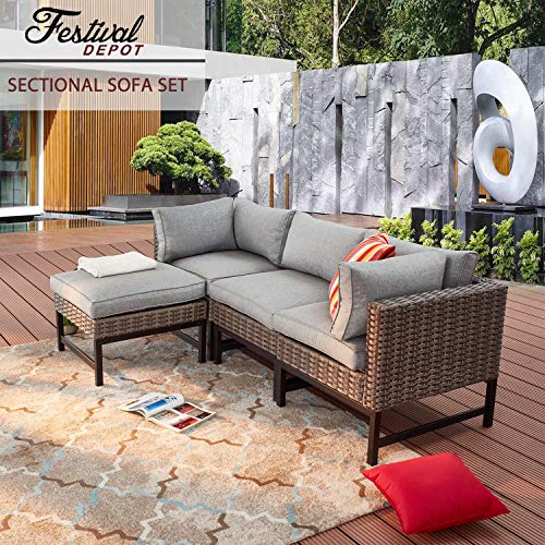 Festival Depot 4-Piece Patio Conversation Set Combinations Armchair Outdoor All-Weather Wicker Metal Chairs for Porch Lawn Garden Balcony Pool Backyard, Thick Cushions