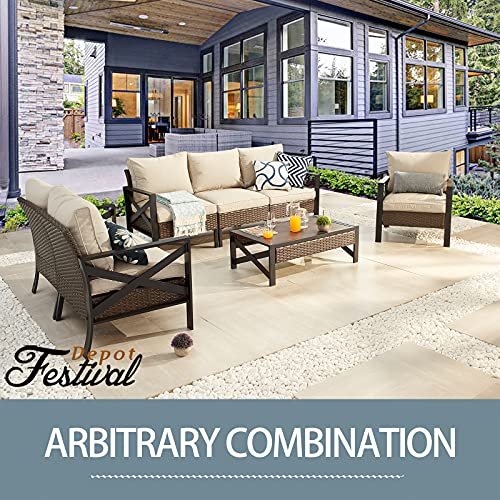 Festival Depot Patio Coffee Table Outdoor Furniture with X Shaped Metal Leg, All-Weather Wicker and Wooden Finish Grain Table Top for Backyard Poolside Deck Porch (Rectangle Brown) (B-PF20208-new1)