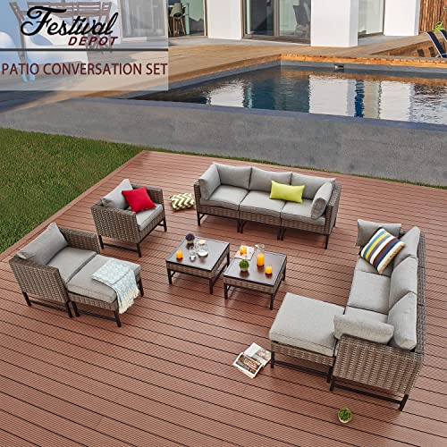 Festival Depot 12 Pieces Patio Conversation Set Outdoor Furniture Combination Sectional Corner Sofa Loveseat All-Weather Wicker Metal Chairs with Seating Back Cushions Side Coffee Table Ottoman,Gray