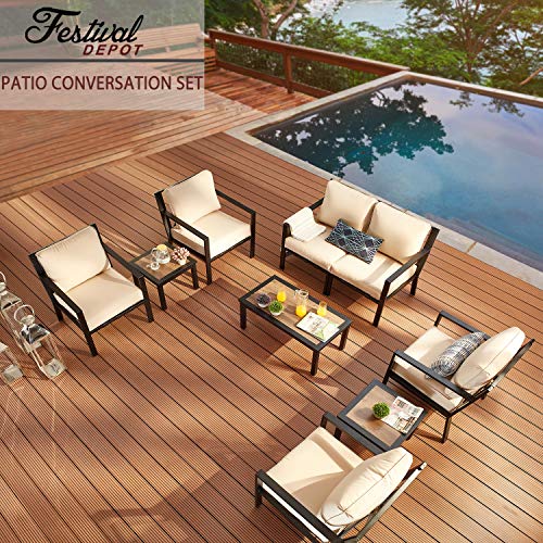 Festival Depot 9-Pieces Patio Outdoor Furniture Conversation Sets Loveseat Sectional Sofa, All-Weather Black X Slatted Back Chairs with Coffee Side Table and Thick Soft Removable Couch Cushions(Beige)