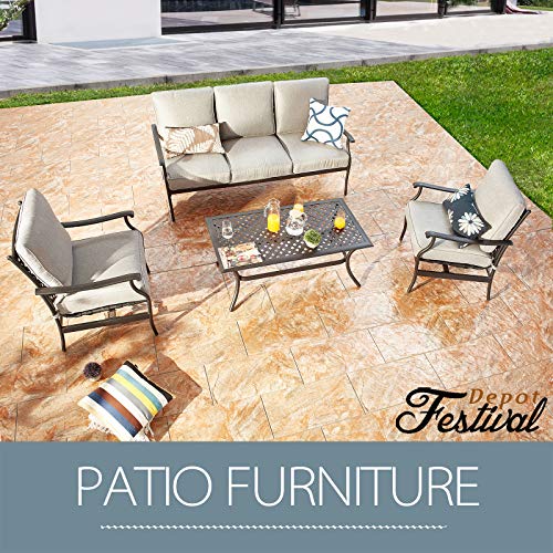 Festival Depot 4 Pcs Conversation Sets 5 Seats Patio Outdoor Arm Chairs Loveseat Set with Coffee Table Fabric Metal Frame Furniture Garden Bistro Seating Thick Soft Cushion,