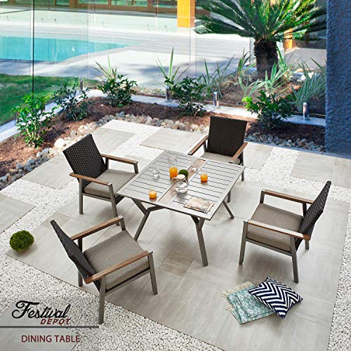 Festival Depot Dining Outdoor Square Side Coffee Table with 1.5" Umbrella Hole Metal Patio Bistro Slatted Tabletop with Steel Legs Modern Furniture 36"(W) x 36"(D) x 28.5"(H),Black Grey