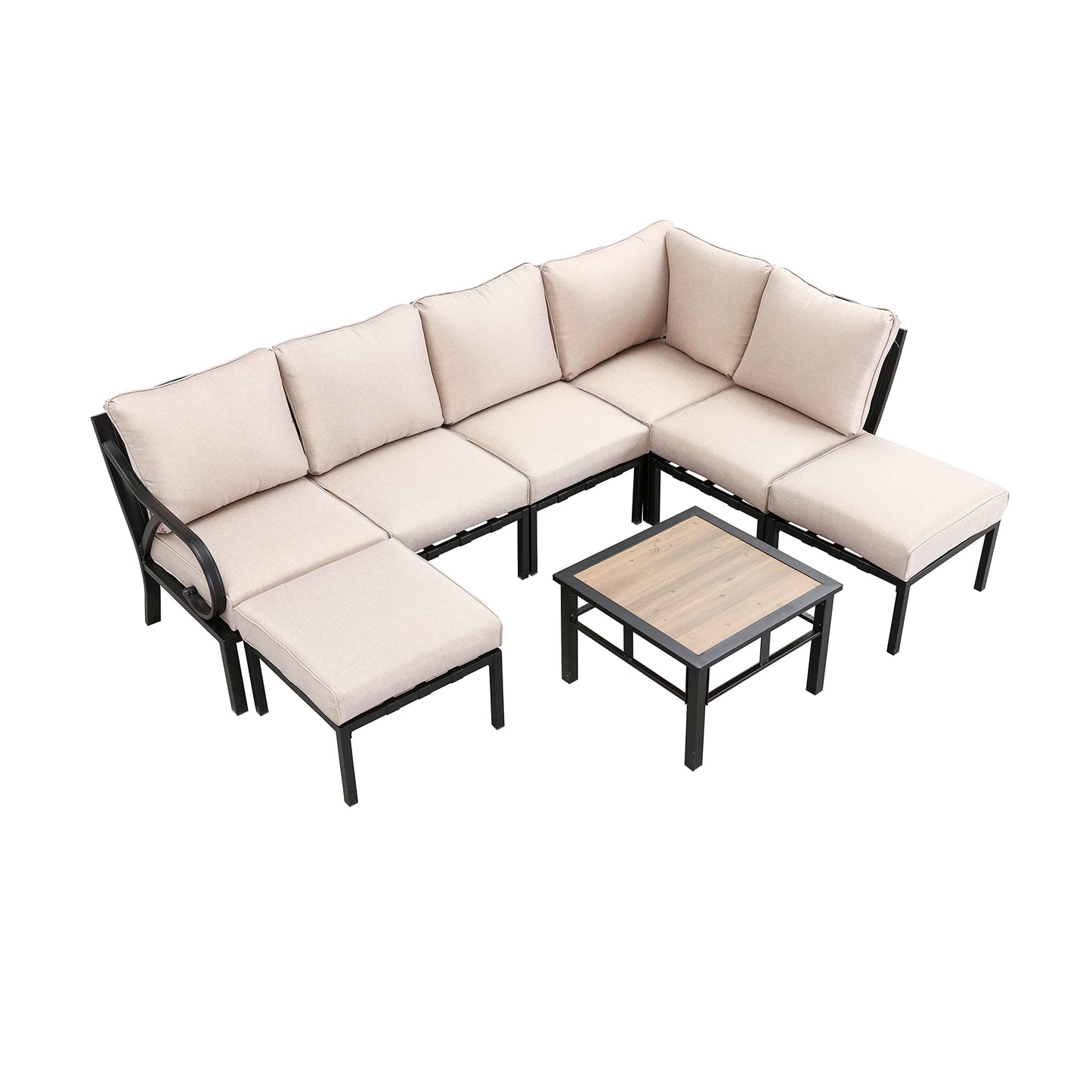 Festival Depot 8 Pieces Patio Conversation Set Sectional Sofa Corner Armchair Ottoman with Thick Cushions and Side Coffee Table All Weather Metal Outdoor Furniture for Deck Garden, Beige