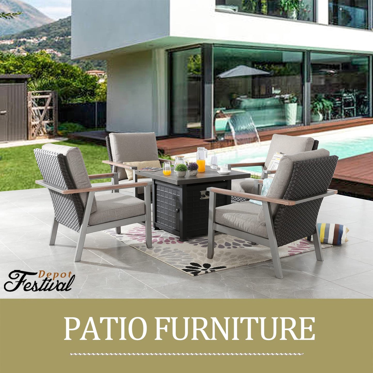 Sports Festival Fire Pit Table Set of Propane Fire Table and 4 Wicker Chairs with Thick Cushions and Rattan Back for Patio Outdoor Furniture, CSA Certification