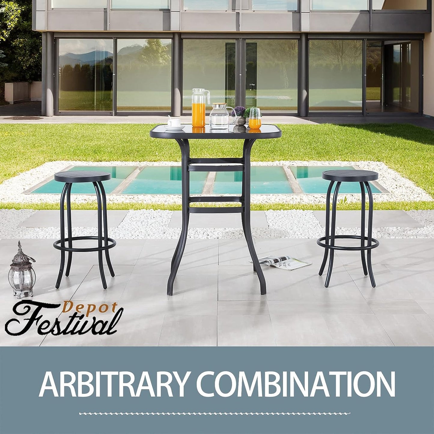 Sports Festival 3 Pcs Patio Bistro Height Set Outdoor Furniture, Backless Bar Stool Chair with Round Seat, Foot Pedals and 40" Tempered Glass Desktop Metal Frame Steel Square Table for Deck Porch Lawn