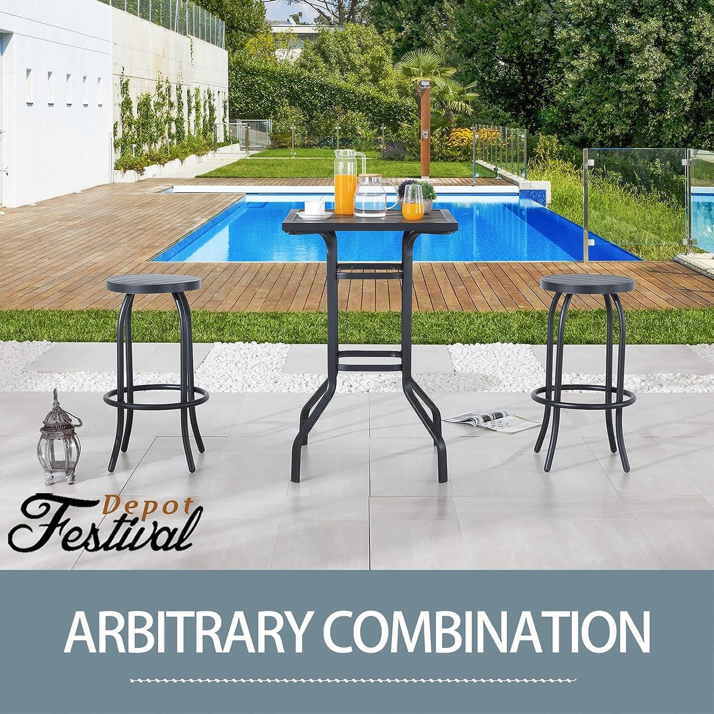 Sports Festival 3 Pcs Patio Bistro Height Set Outdoor Furniture, Backless Bar Stool Chair with Round Seat, Foot Pedals and Wooden Finish Desktop Metal Frame Steel Square Table for Deck Garden Lawn