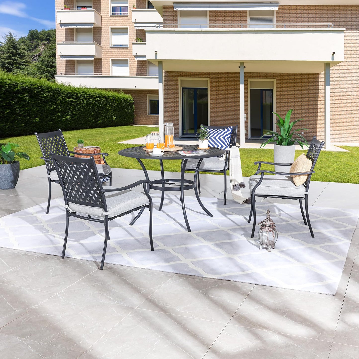 Festival Depot 5 Piece Patio Dining Set Metal Chairs with Seat Cushions and Round Iron Table with Umbrella Hole All Weather Outdoor Furniture for Bistro Deck Garden