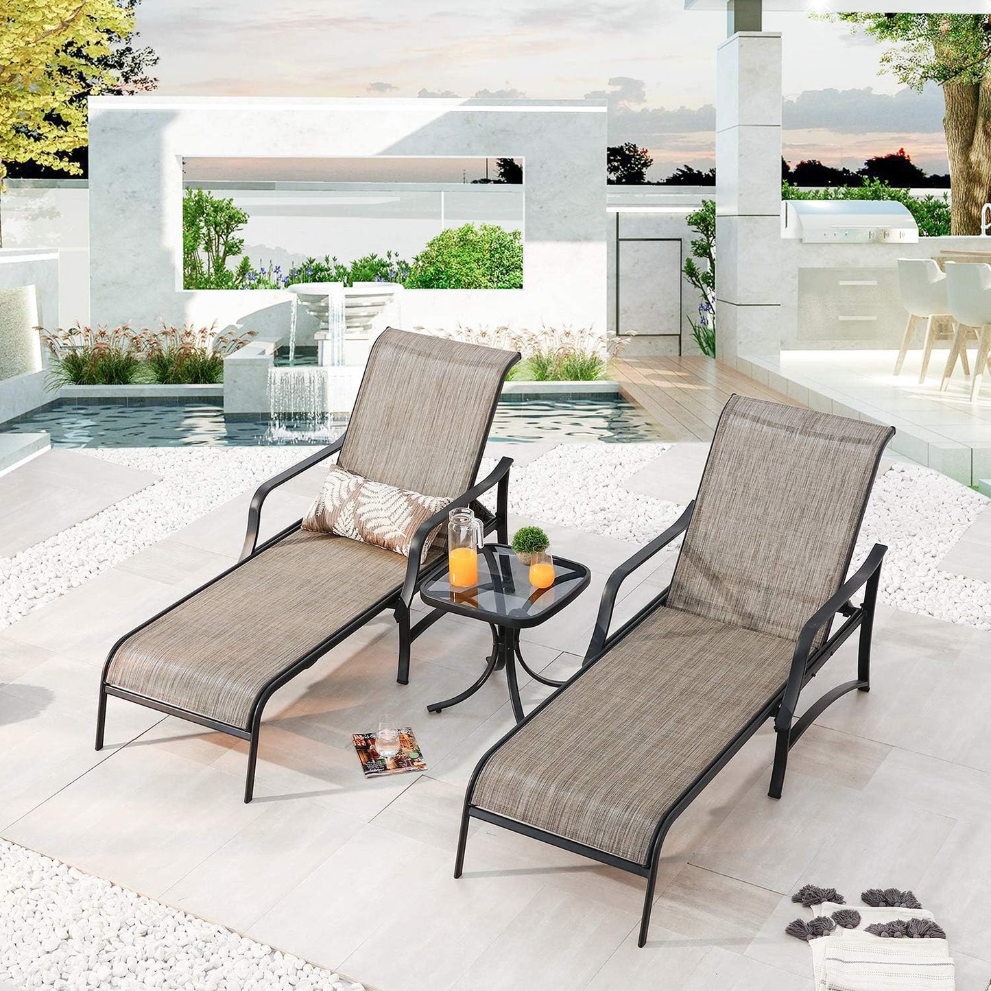 Festival Depot 3 Pcs Patio Outdoor Furniture Chaise Lounge Chair Set with Textilene Fabric and Metal Adjustable Back Curved Armrest, Glass Desktop Side Coffee Table for Porch Yard Garden