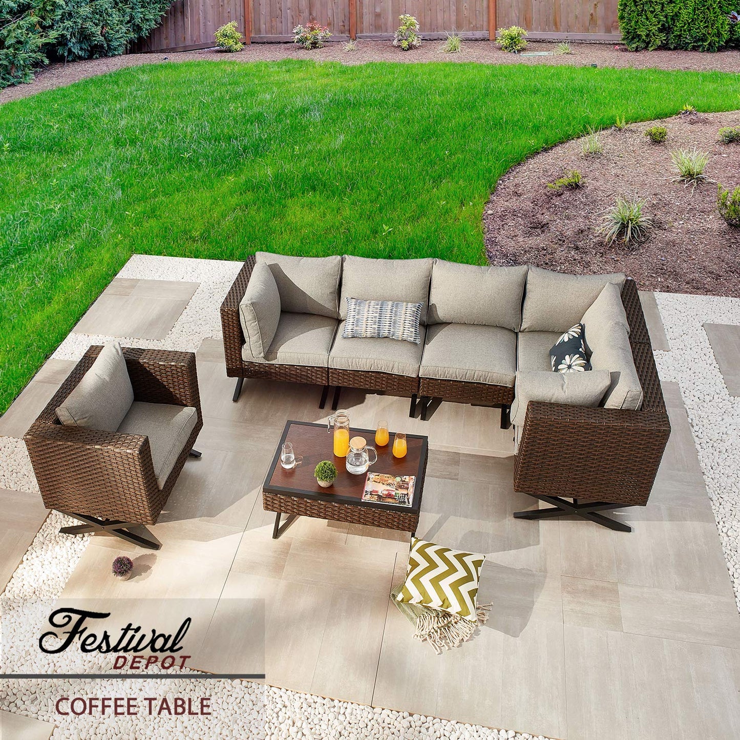 Festival Depot Coffee Dining Bistro Outdoor Side Patio Furniture Table Wicker Rattan Wood Grain Desktop Rectangle with X Shaped Slatted Steel Legs Lawn Garden All Weather 33.4"(L) x 22"(W) x 14.7"(H)