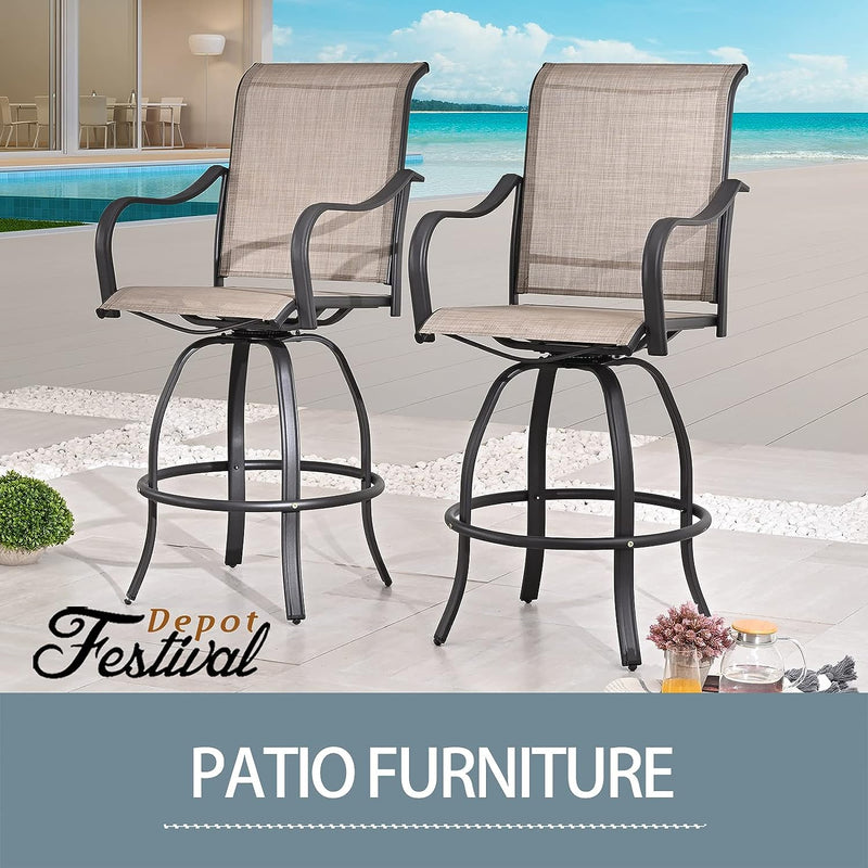 2 Piece Taupe Bar Height 360° Swivel Chairs Patio Textilene Dining Chairs for Outdoor Bistro Elegance
