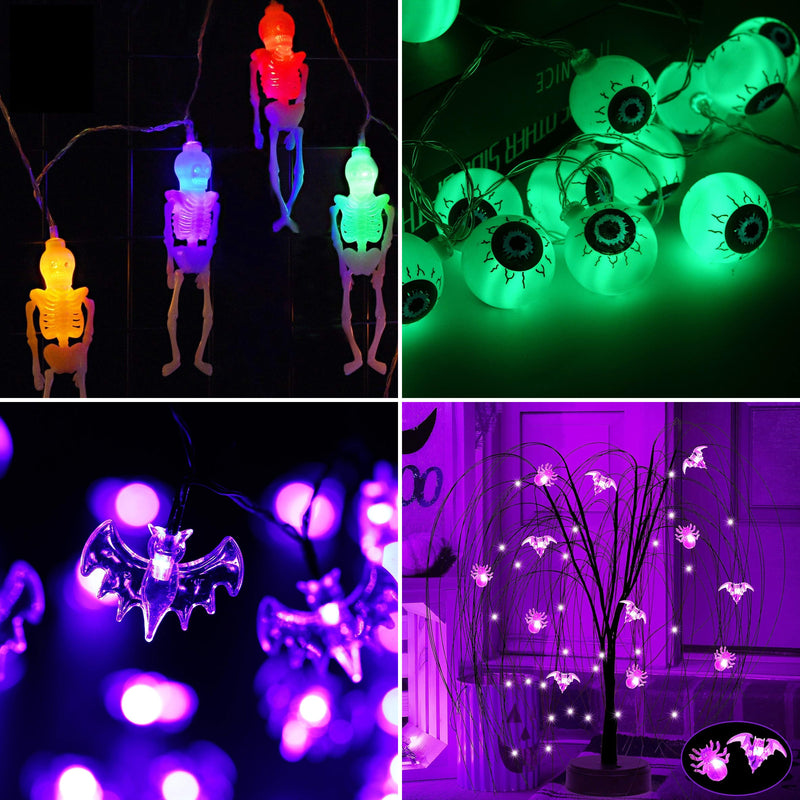 4 Set Halloween Decorative Light-20 LED Skeletons Lights-20 LED 10 Ft Eyeball Lights-70 LED 23Ft Purple Bat-20 Inch 40 LED Purple Willow Tree