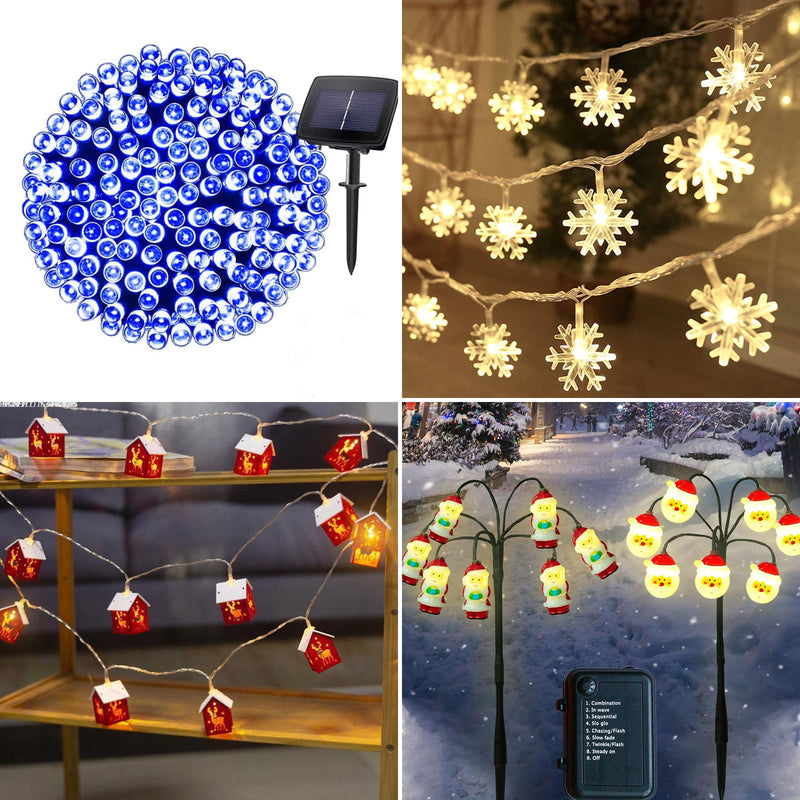 4 Set of Christmas Decorations Lights-30 LED Mini Wooden House String Lights-20 Ft 40 LED Snowflake String Lights-200 LED Solar Fairy/Starry String Lights-14 LED Santa Claus Stake Lights