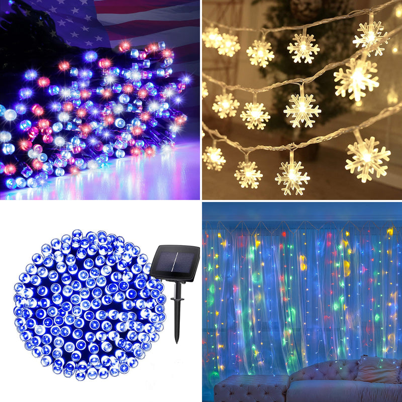 4 Set of Christmas Decorations Lights-200 LED Outdoor String Lights-20 Ft 40 LED Snowflake String Lights-200 LED Solar Fairy/Starry String Lights-260 LED Curtain Lights