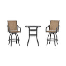 Festival Depot 3-Piece Bar Bistro Patio Outdoor Dining Furniture Sets High Stools 360å¡ Swivel Chairs with Slatted Steel Curved Armrest Square Coffee Side Table Tempered Glass Desktop