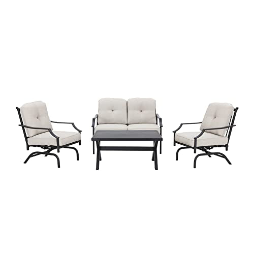 Festival Depot 4 pc Conversation Set Patio Outdoor ArmChairs Loveseat Set with Coffee Table Fabric Metal Frame Furniture Garden Bistro Seating Thick Soft Cushions