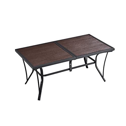 Festival Depot Patio Dining Table, Outdoor Folding Table, All Weather Furniture with Red Imitation Wood Grain Tabletop Black Metal Frame (Rectangle)