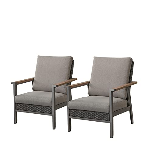 Festival Depot 2 Pcs Patio Dining with Chair Metal Frame Rattan Wicker Armchair and Cushions All Weather Outdoor Furniture for Backyard Garden, Dark Grey