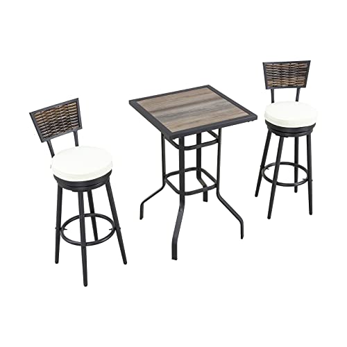 Festival Depot 3 Pcs Patio Bar Set Bistro Height Set, 360å¡ Woven Wicke Swivel Chairs and Bar Height Table with DPC Desktop Wood Grain Desktop Outdoor Furniture for Garden Poolside Deck Porch (Beige)