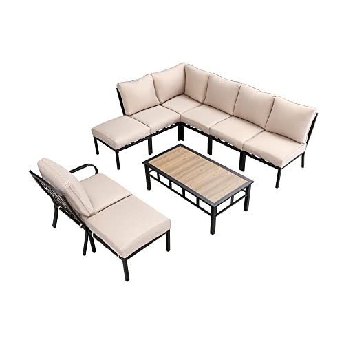 Festival Depot 9 Pieces Patio Conversation Set Sectional Sofa Corner Armchair Ottoman with Thick Cushions and Coffee Table All Weather Metal Outdoor Furniture for Deck Garden, Beige