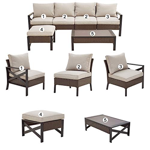 Festival Depot 6 Pieces Patio Conversation Set Outdoor Furniture Sectional Sofa with All-Weather Brown PE Rattan Wicker Back Chair, Coffee Table, Ottoman and Thick Soft Removable Couch Cushions