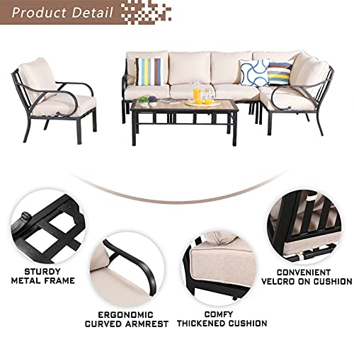 Festival Depot 7pcs Patio Conversation Set Sectional Metal Chairs with Cushions All Weather Corner Sofa and Coffee Table Outdoor Furniture for Garden Backyard Balcony, Beige