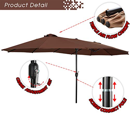 Festival Depot 14.7 ft Patio Umbrella Outdoor Large Twin Umbrella Double-Sided Ventilation Sun Canopy Market Umbrella with Aluminum Pole Handle Crank Without Base for Garden, Poolside, Deck