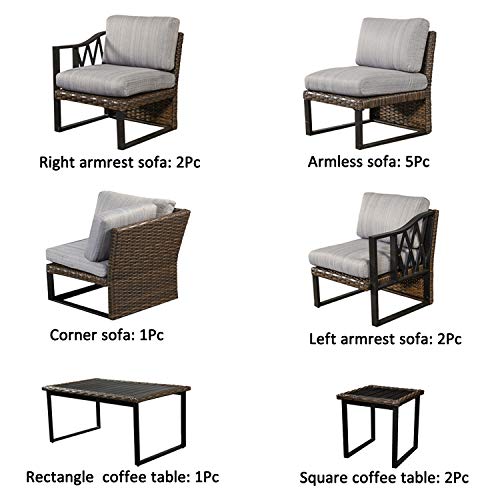 Festival Depot 13Pc Outdoor Furniture Patio Conversation Set Sectional Corner Sofa Chairs All Weather Wicker Metal Frame Rectangle Side Slatted Coffee Table with Thick Grey Seat Back Cushion No Pillow