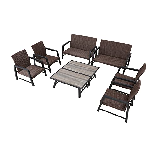 Festival Depot 8Pcs Patio Conversation Set, PE Wicker Bistro Set, All-Weather Outdoor Furniture, with 2 Loveseat 4 Armchair and 2 DPC Coffee Table for Backyard Porch Lawn Deck Garden