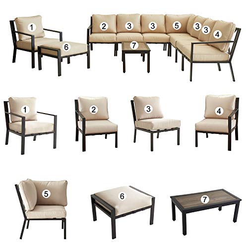 Festival Depot 10-Pieces Patio Outdoor Furniture Conversation Sets Sectional Corner Sofa, All-Weather Black X Slatted Back Chairs with Coffee Side Table and Soft Removable Couch Cushions (Beige)