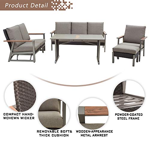 Festival Depot 5pcs Patio Conversation Set Metal Armchair Wicker Glider Loveseat All Weather Rattan 3-Seater Sofa with Grey Thick Cushions and Dining Table Outdoor Furniture for Deck Garden