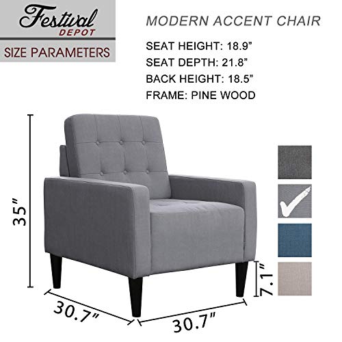 Festival Depot 2 pcs Indoor Modern Fabric Furniture Set Accent Armrest Chair Single Sofa for Living Room Bedroom with Hand-Crafted Button Tufting Detail and Deep Seat, 30.7" x 30.7" x 35", Grey