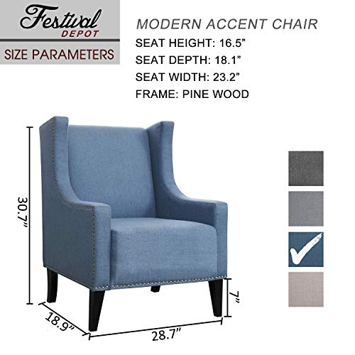 Festival Depot 1 Piece Indoor Modern Fabric Furniture Accent Arm Chair Single Sofa for Living Room Bedroom with Wingback and Comfortable Seat, 28.7" x 18.9" x 30.7", Blue