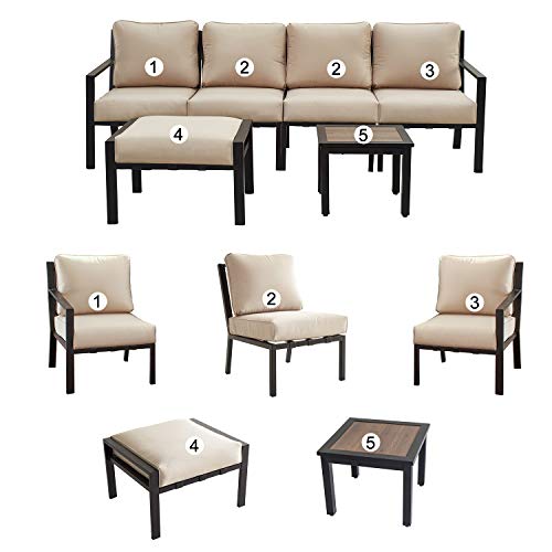 Festival Depot 6-Pieces Patio Outdoor Furniture Conversation Sets Sectional Sofa, All-Weather Black Slatted Back Chairs with Coffee Square Table, Ottoman and Thick Soft Removable Couch Cushions(Beige)