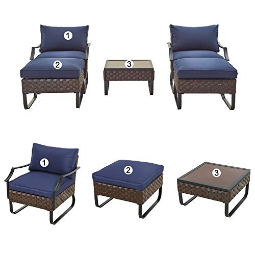 Festival Depot 5pcs Bistro Outdoor Dining Furniture Patio Set Soft Cushion Wicker Rattan Chair with Curved Armrest Ottoman Footstool Square Wood Grain Desktop Table with U Shaped Steel Leg All-Weather