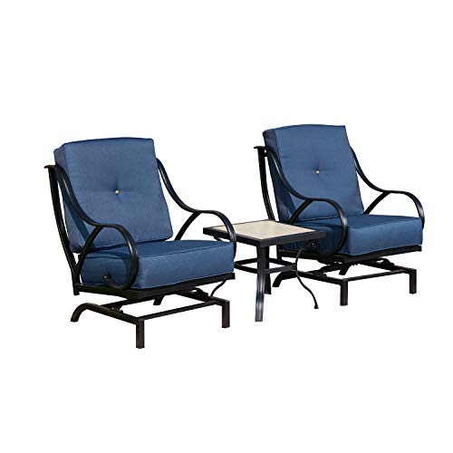Festival Depot 3-Piece Bistro Outdoor Patio Furniture Sets Square Metal Ceramic Top Coffee Table Slatted Steel Frame Armrest Chairs with Curved Armrest with 5.9''Thick Soft Cushions Garden Porch,Blue
