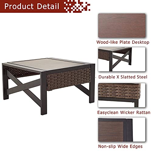 Sports Festival 1 Pcs Patio Side Coffee Table Outdoor Bistro Dining Furniture with Wood Grain Tabletop, Wicker Rattan and X Shaped Slatted Steel Legs (Brown)