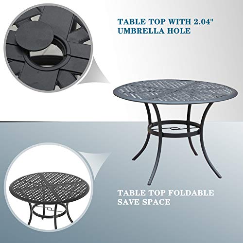 Festival Depot 5 Piece Outdoor Dining Set Wrought Iron Patio Metal with 4 Armchair Include Cushions and Round Black Table with 2.04" Umbrella Hole for Deck Lawn Garden Poolside Backyard (Beige)