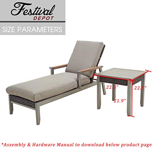 Festival Depot Patio Side Table Metal Bistro Table in Square Shape with Rattan Wicker Outdoor Furniture for Porch Deck Grey (22.5"x22.5"x21.9"H)